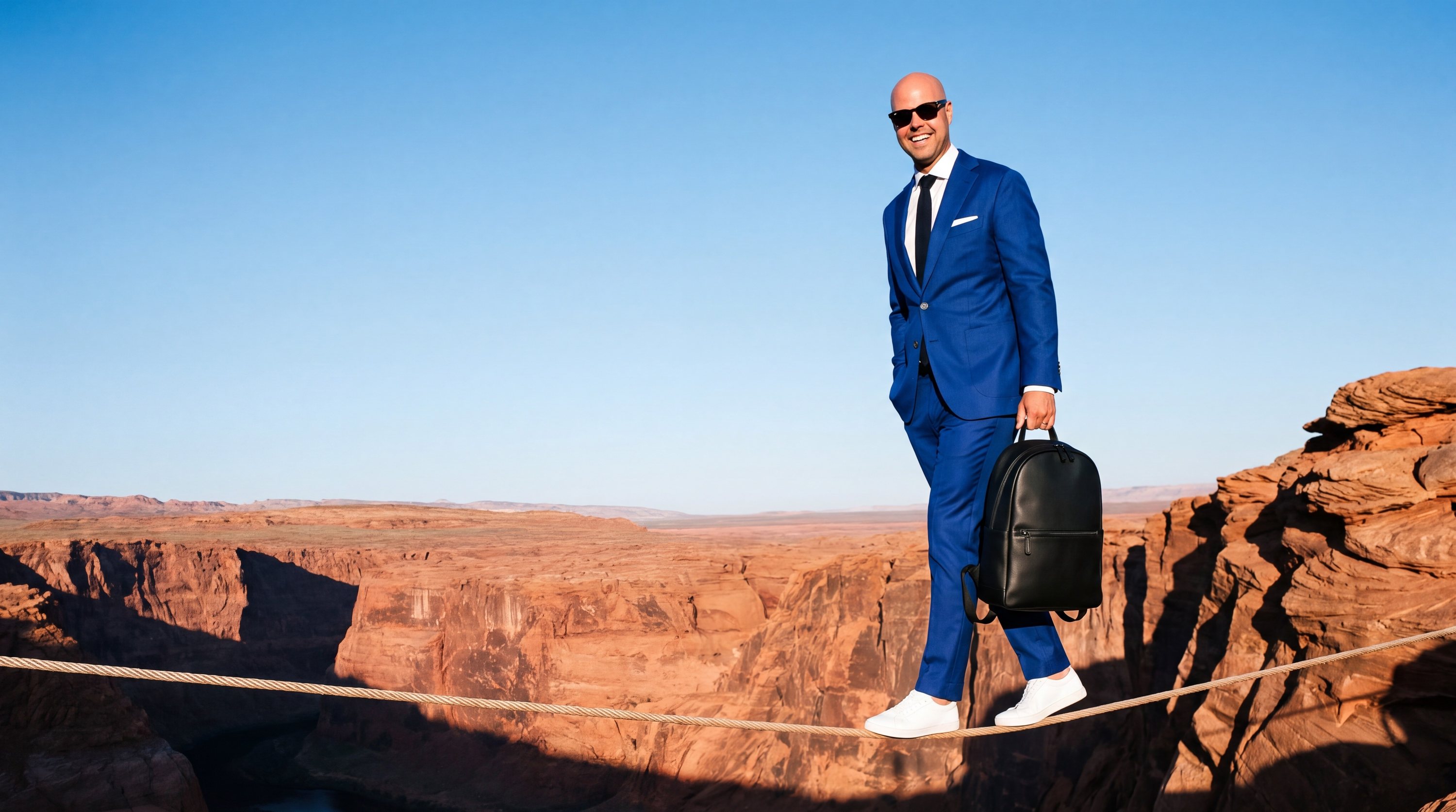 Roy in blauw pak en witte sneakers loopt kalm over een koord boven een canyon, rugzak in de hand