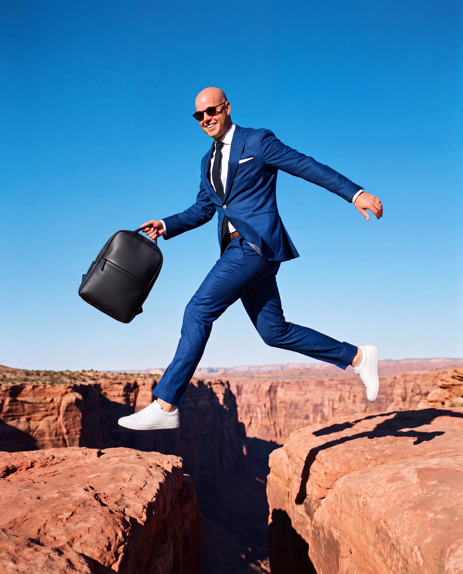 Man in blauw pak springt met een rugzak over een kloof