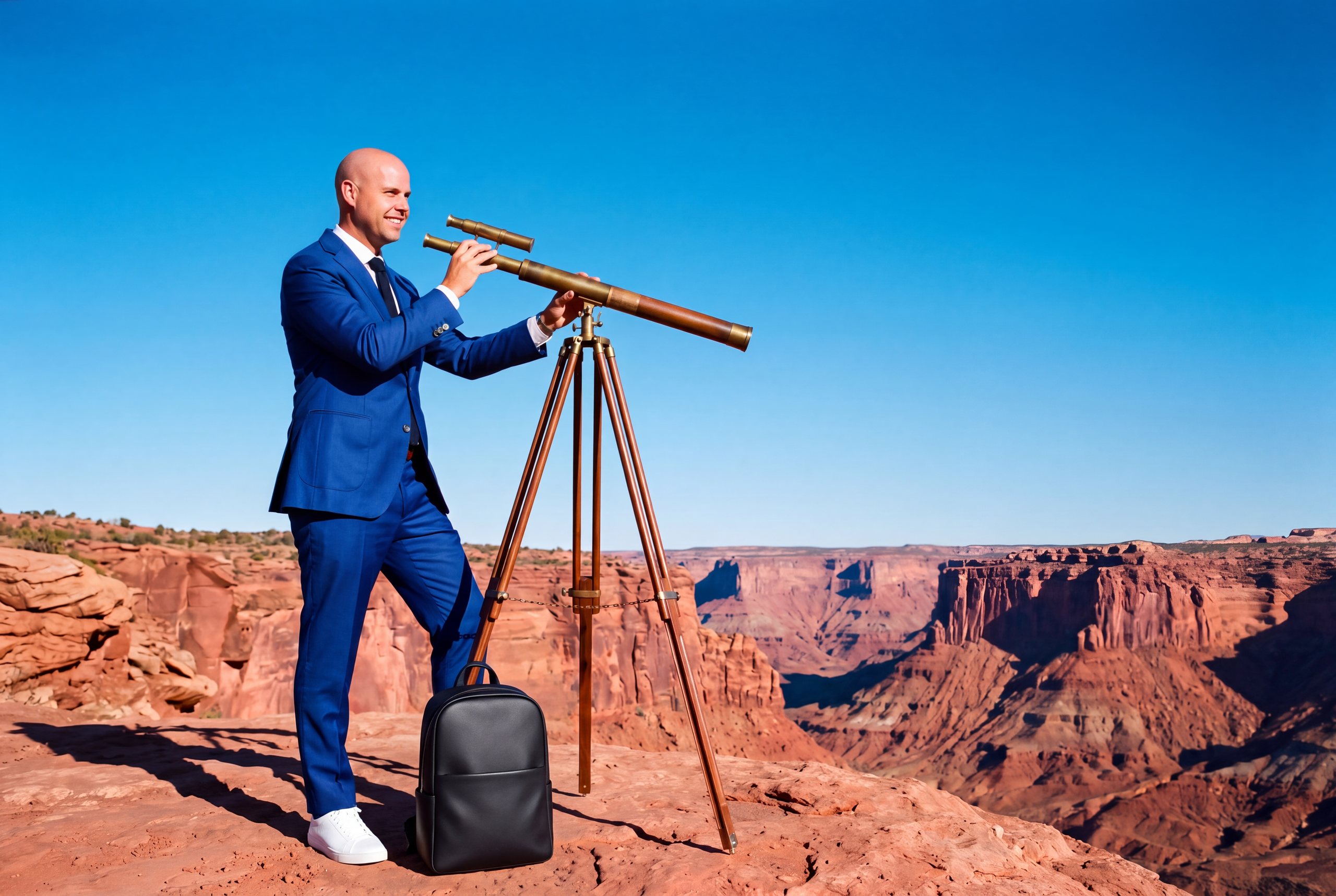 Man in blauw pak kijkt door een koperen telescoop uit over een canyon