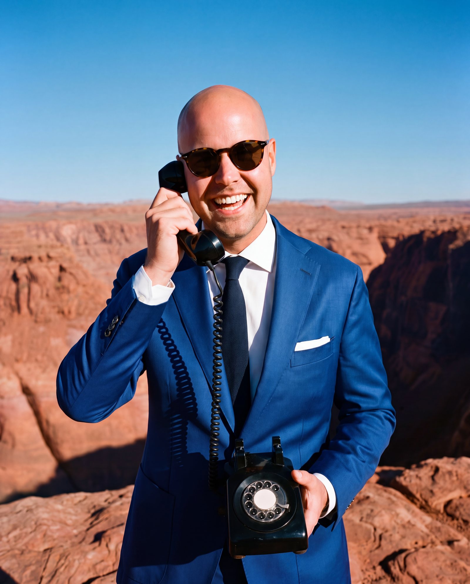 Roy neemt lachend een ouderwetse zwarte telefoon op aan de rand van een canyon