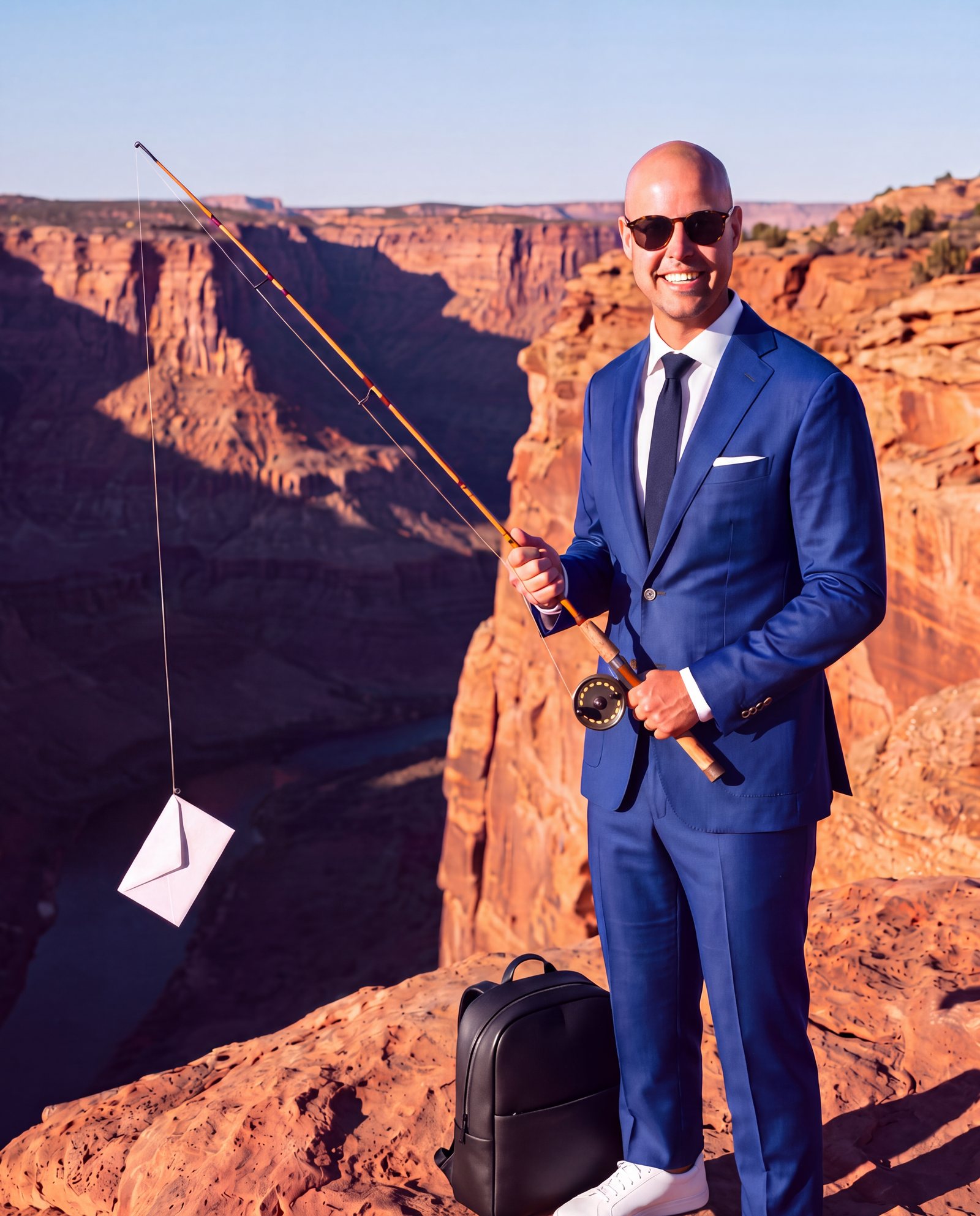 Roy staat aan de rand van een canyon en hengelt met een envelop aan zijn lijn over de kloof
