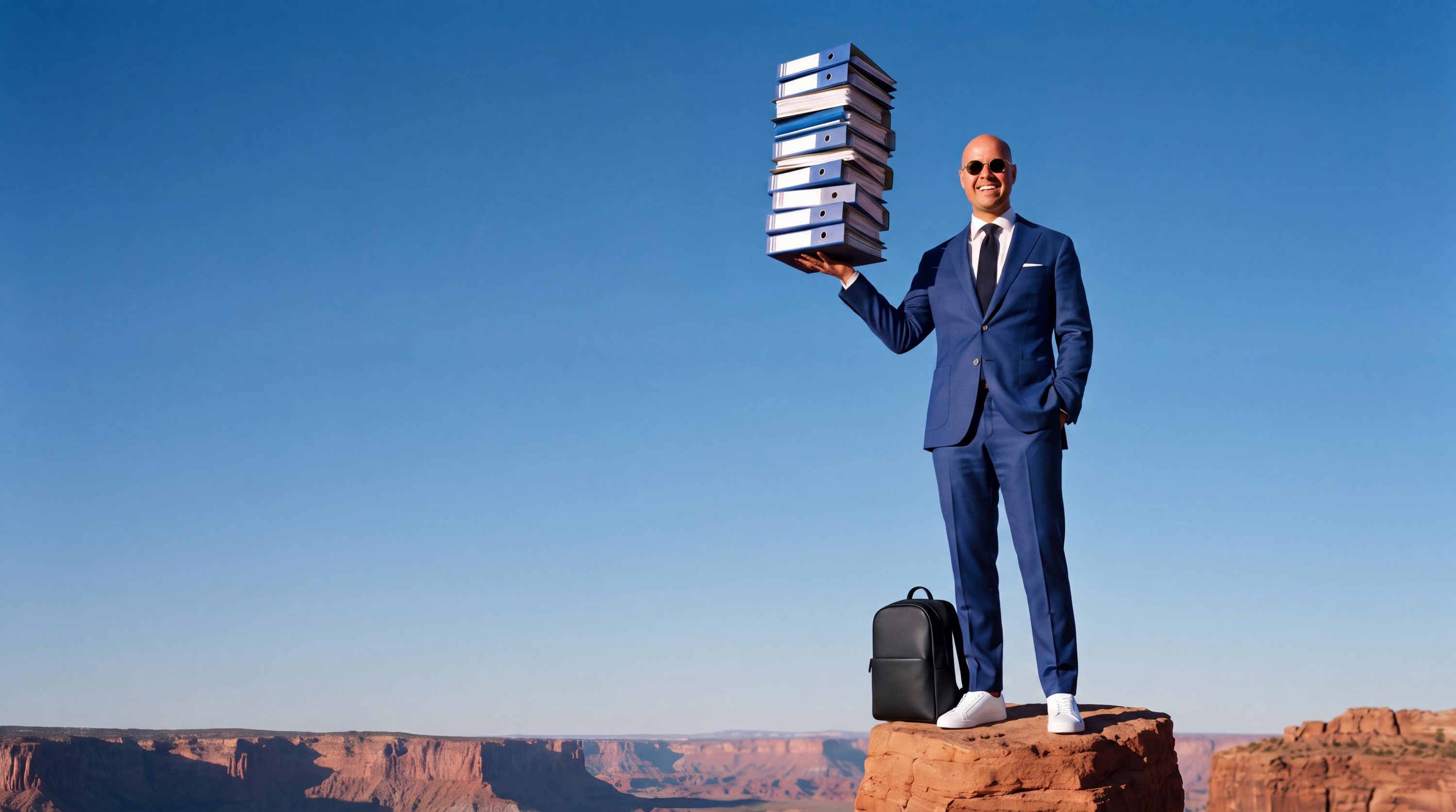 Roy in blauw pak staat op een rotspunt boven een canyon en houdt een hoge stapel ordners moeiteloos in balans op één hand