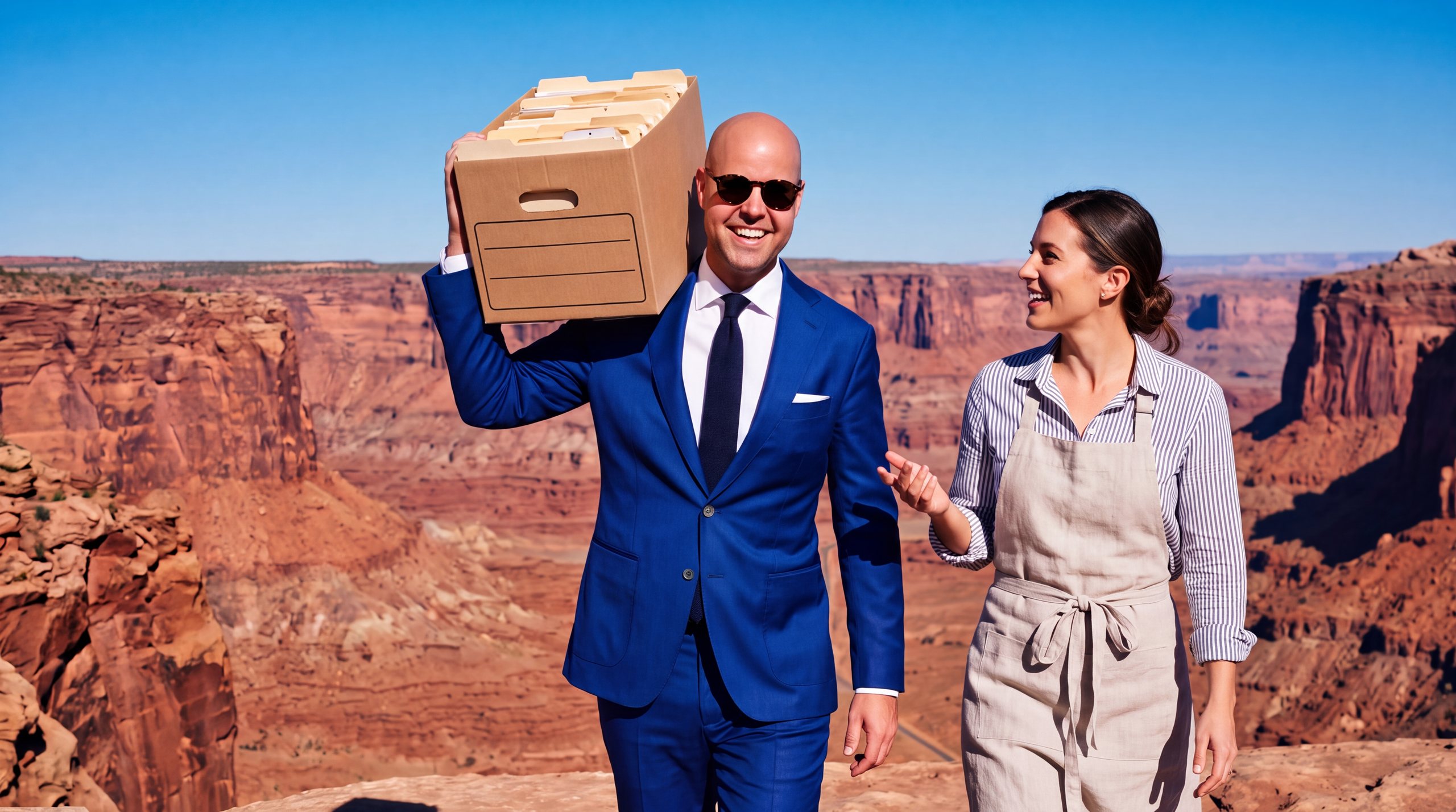 Roy draagt een archiefdoos op zijn schouder en loopt lachend met een ondernemer langs de rand van een canyon