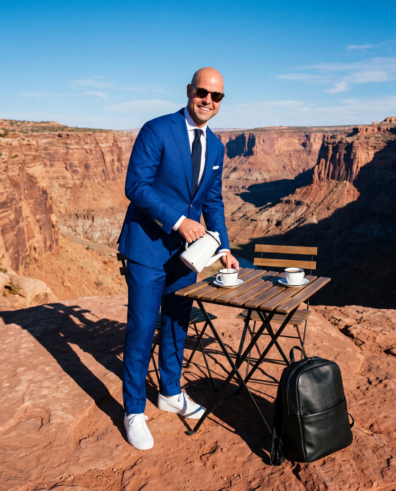 Roy schenkt koffie in aan een tafeltje aan de rand van een canyon; de tweede kop staat al klaar bij de lege stoel