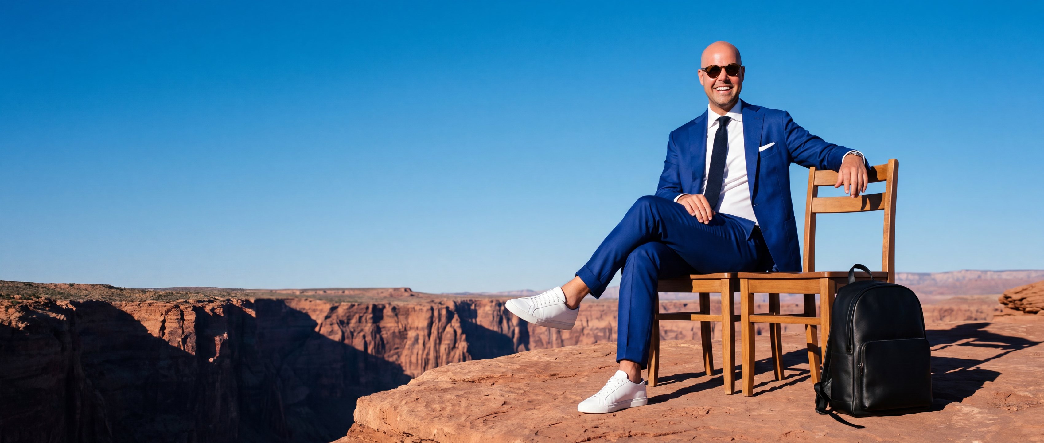 Roy zit op een stoel aan de rand van een canyon, met zijn arm op de lege stoel naast hem