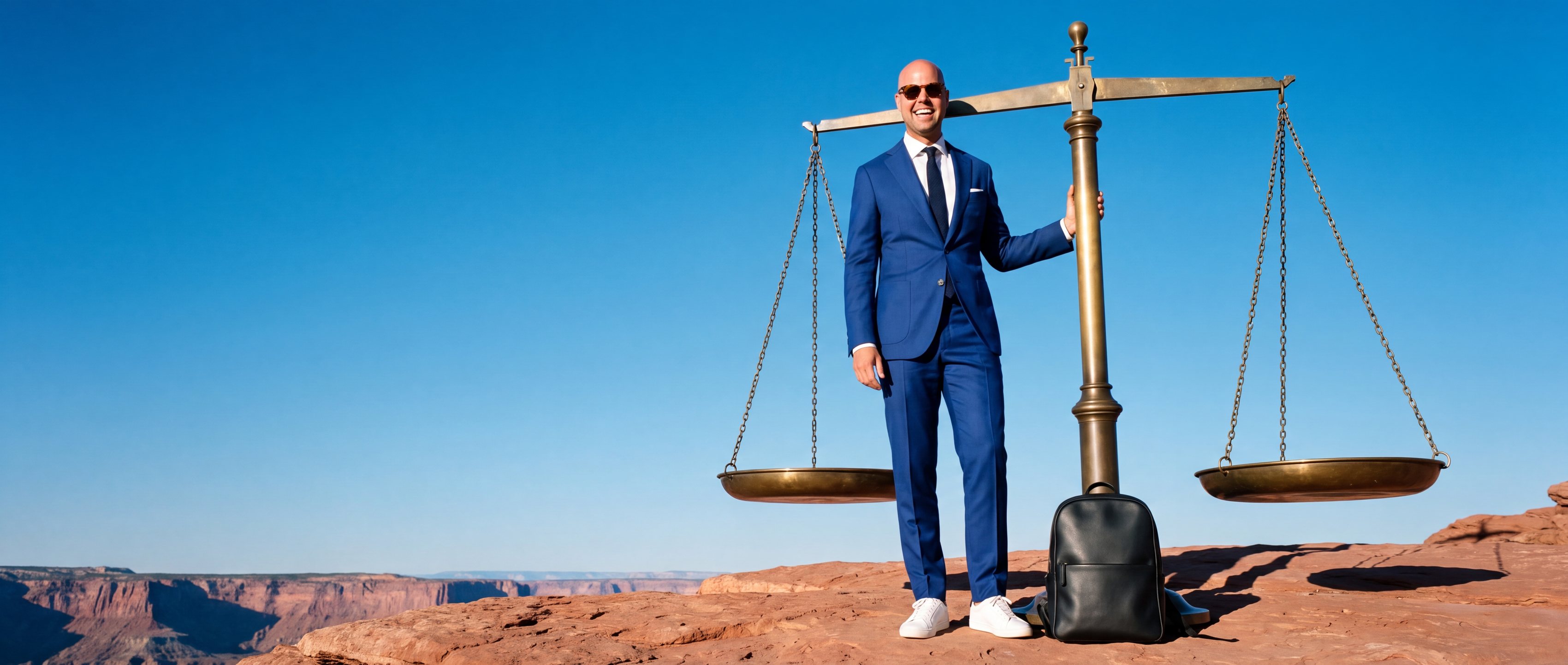 Roy in blauw pak staat naast een reusachtige koperen weegschaal die precies in balans hangt, boven een canyon