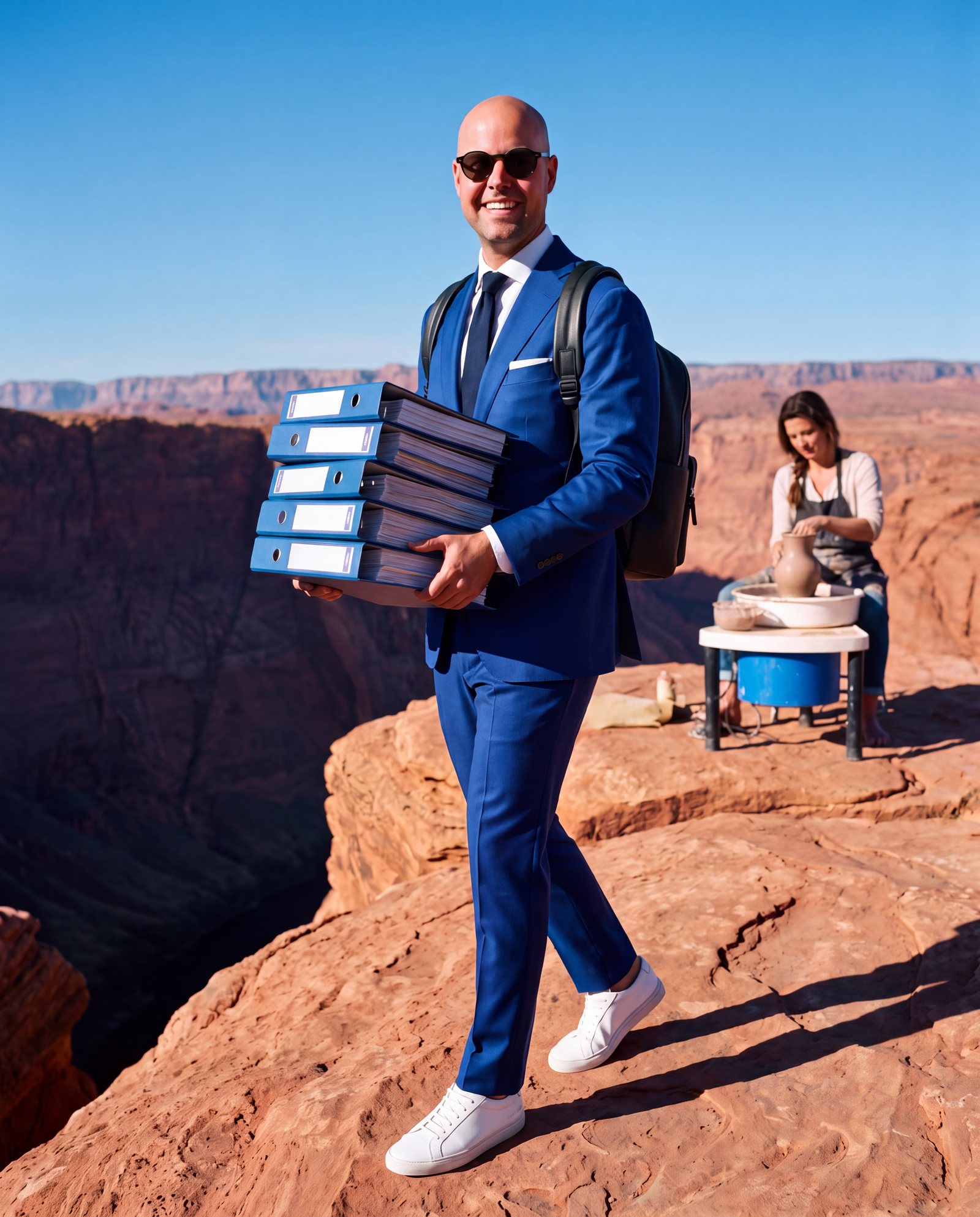Roy loopt met een hoge stapel ordners langs de canyon terwijl een pottenbakster achter hem rustig aan haar draaischijf werkt