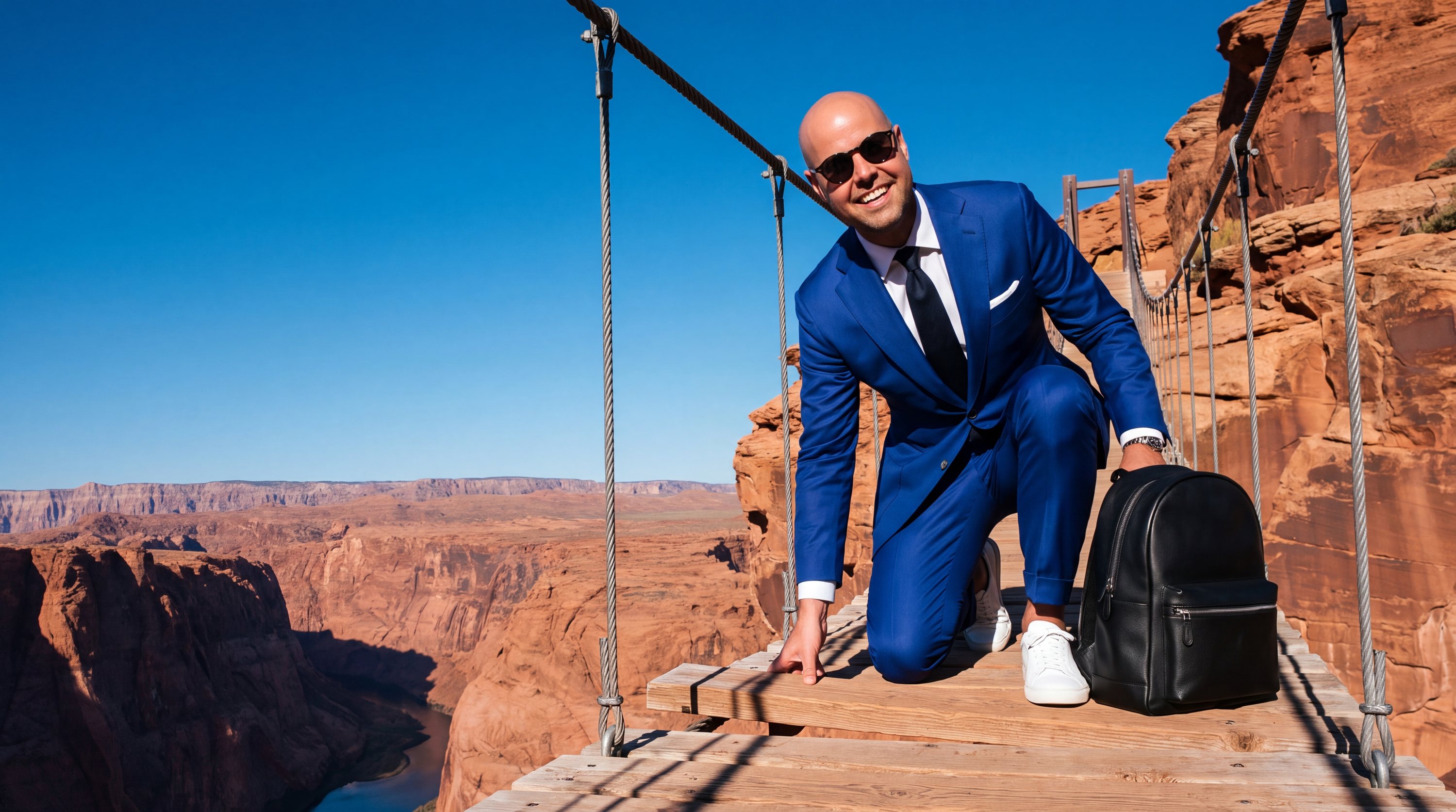 Roy in blauw pak legt geknield de laatste plank van een hangbrug over een canyon
